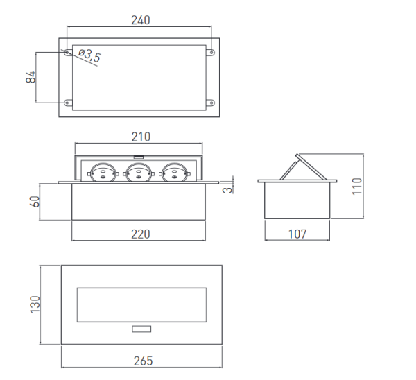 Горизонтальная, 3хEURO, полуавтомат, белый, усов. заземл., 265х130х60мм, алюм./пластик, GTV