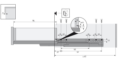 Направляющая Quadro V6 25 Push to open, 25 кг, NL350, полн выдвиж, надвиж монтажа, EB20, левая
