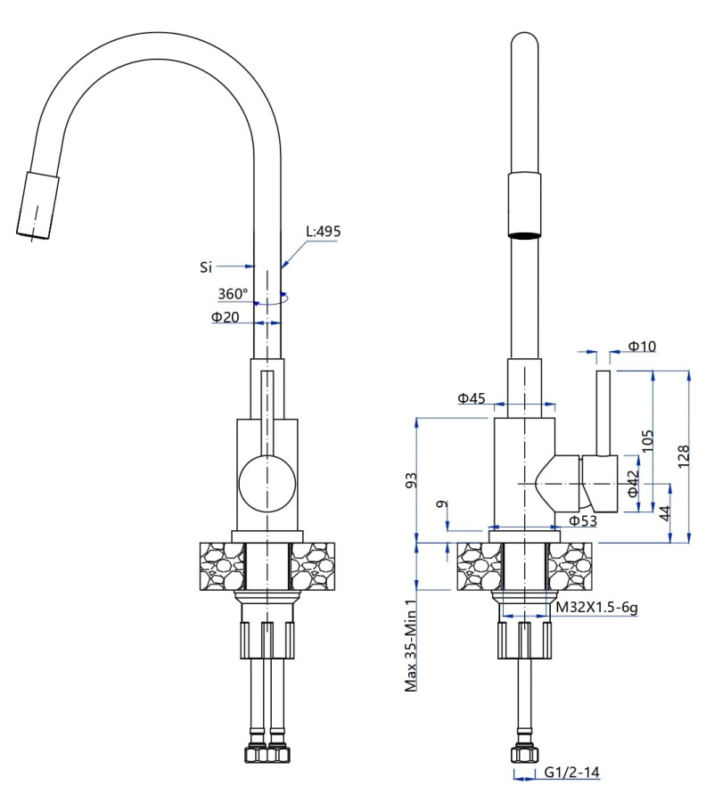 Смеситель GranFest Quarz 5433, с гибким изливом, нерж. сталь/черный гибкий шланг