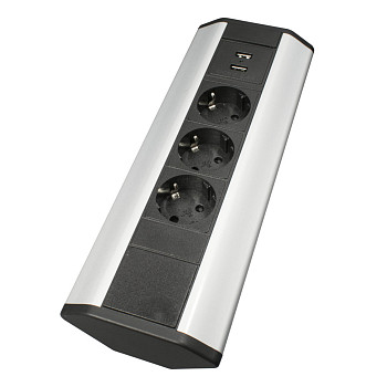 Угловая накладная, 3хEURO+2USB A, серый, усовое заземл., IP20, пластик, GLS