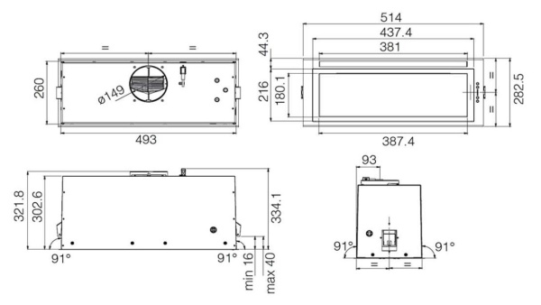 Вытяжка полновстраиваемая PLANE LUX BL/A/52, 52см, без угольного фильтра, черный матовый, Jetair