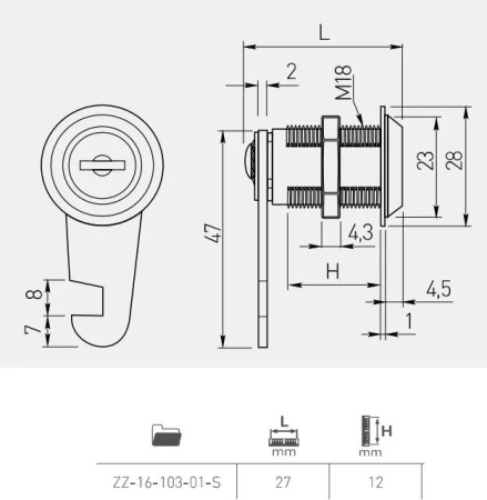 Замок мебельный 103 почтовый, d=28мм, металлический ключ, GTV