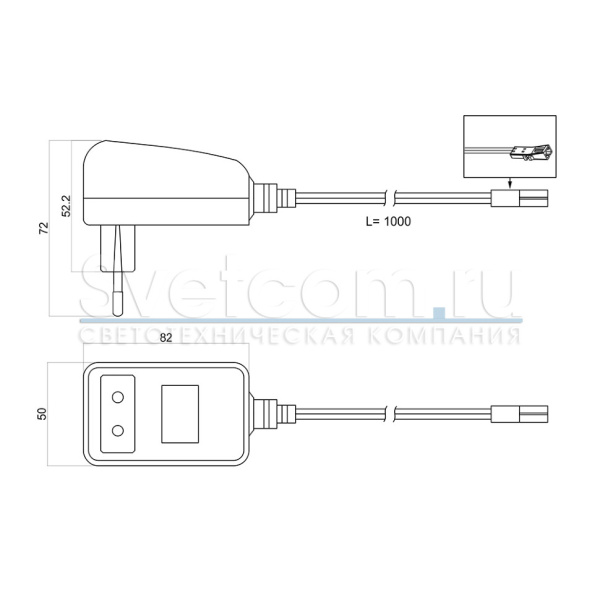 Трансформатор  24W/12V, IP20, провод 1м с коннектором, пластик, черный, GLS