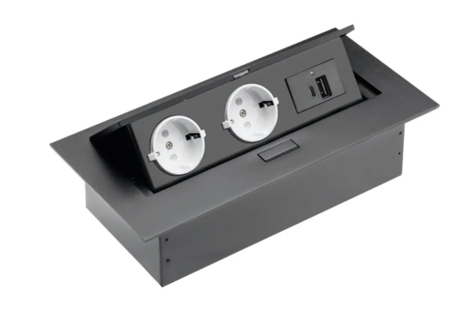 Встраиваемая, 2хEURO+2хUSB A+C, полуавтомат, черный, 265х130х75мм, пластик/металл, GTV