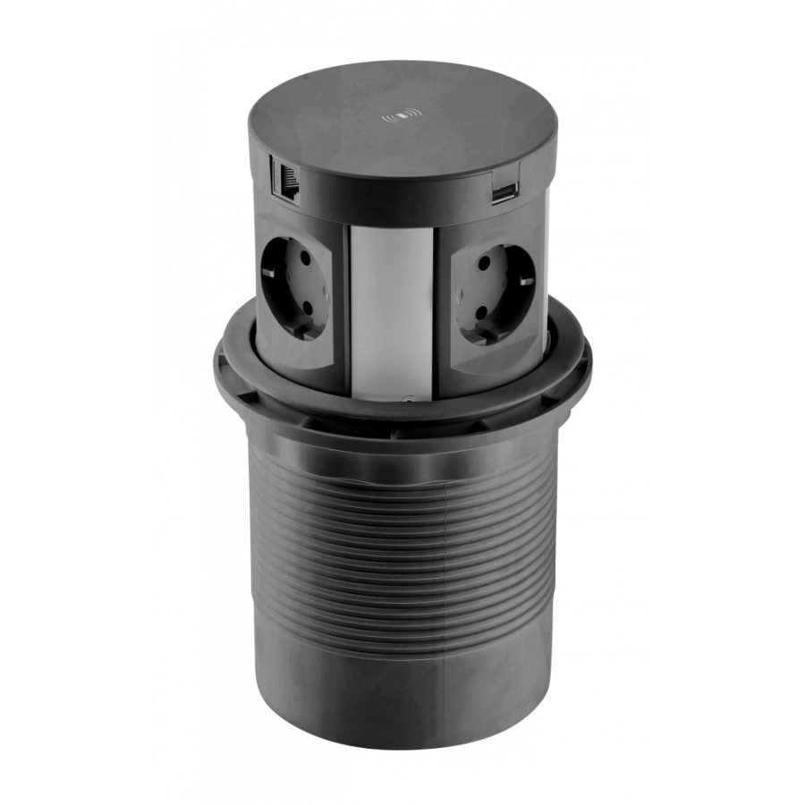 Вертикальная, 4хEURO+2хUSB+2RJ45+индукц.зарядка, Ø140мм, автомат, пластик, черный, GTV