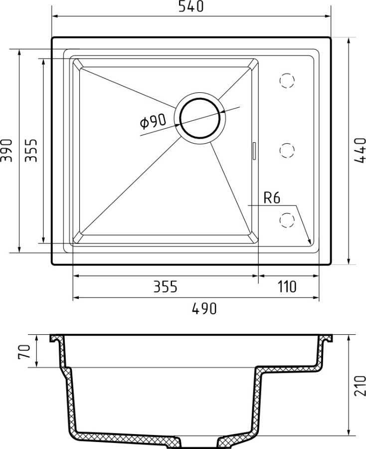 Мойка Rivelato NOBILE 544-R, 540х440х210мм, черный