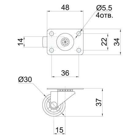 Опора колесная с площадкой, d=30мм, без стопора, резина, серый, нагрузка 15кг