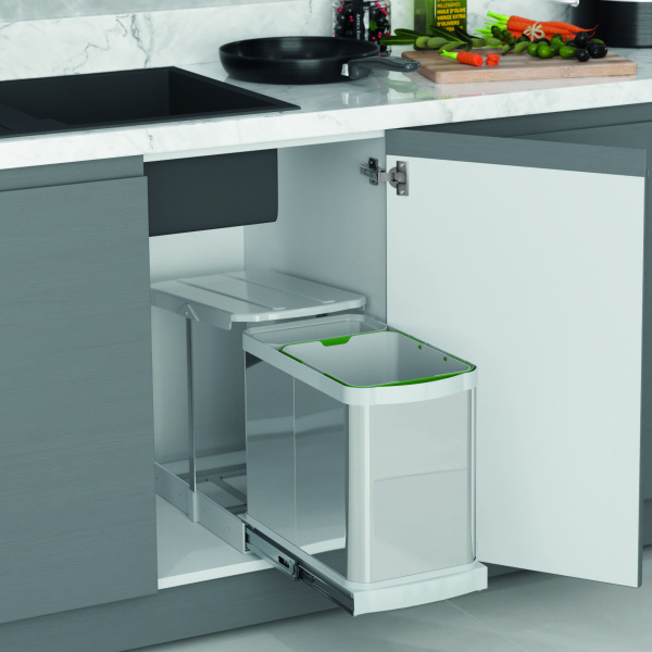 Контейнер для мусора выдвижной, 16л+1л, 260х440х400мм, в шкаф на 400мм, металл/пластик, нерж. сталь