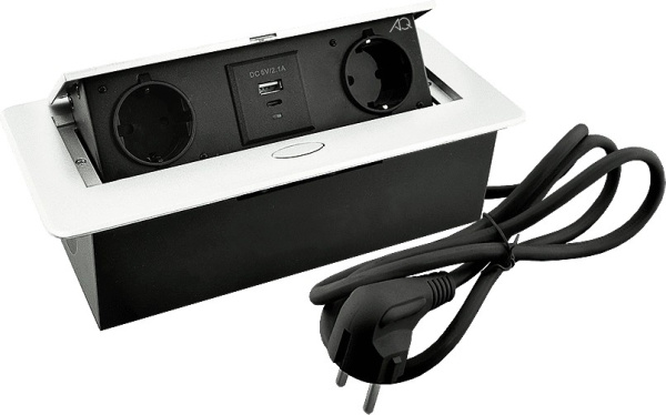 Горизонтальная, 2хEURO+2хUSB A+C, полуавтомат, белый, 263х117х65мм, металл/пластик, AQ