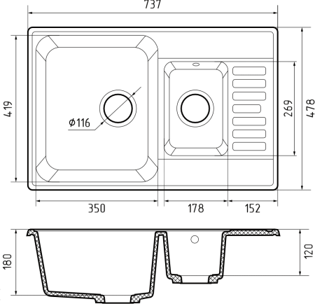 Мойка GranFest QUARZ 21К, 737х480 мм, темно-серый (прямоугольная, 1,5 чаши, без сифона)