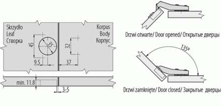 GTV Петля 45*, с планкой 0мм, с доводчиком, БЕЗ еврошурупа, 45мм
