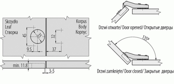 GTV Петля 45*, с планкой 0мм, с доводчиком, БЕЗ еврошурупа, 45мм