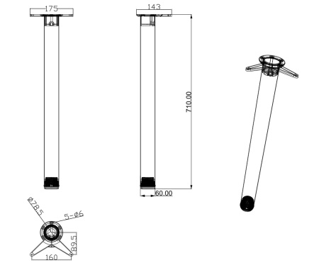 Труба для опоры, h=710мм, d=60мм, боковое крепление, матовый хром, CMF