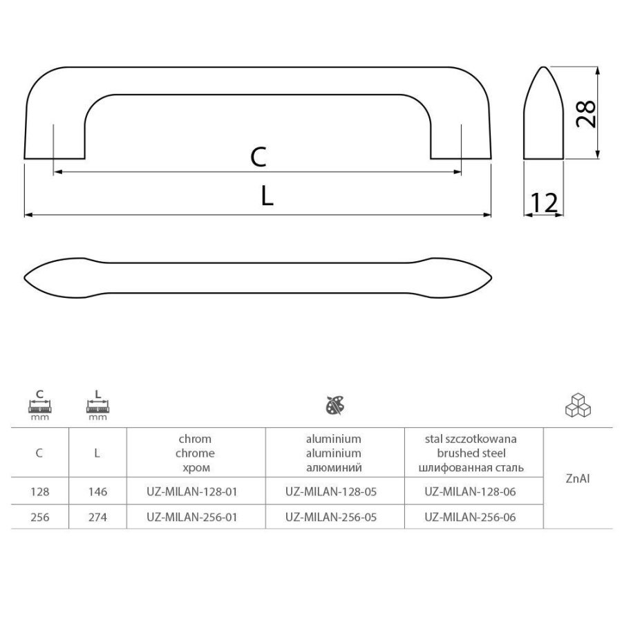 Ручка-скоба, MILANO, 256мм, металл, инокс
