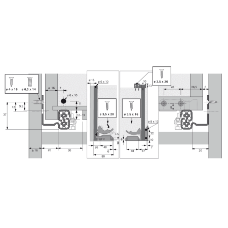 Направляющая Quadro V6 30 Push to open, 30 кг, NL550, полн выдвиж, надвиж монтажа, EB20, левая