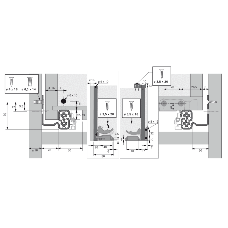 Направляющая Quadro V6 30 Push to open, 30 кг, NL550, полн выдвиж, надвиж монтажа, EB20, левая