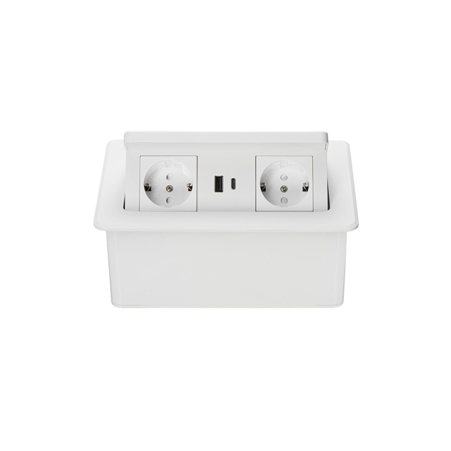 Встраиваемая, 2хEURO+2хUSB А+C+Qi, полуавтомат, белый, усовое заземл., алюминий/пластик, LK-DMS-742