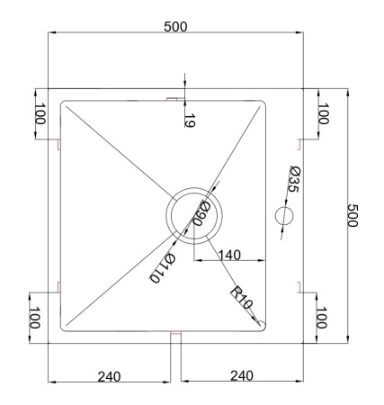 Мойка Онега 50, 500х500х220мм, нержавеющая сталь SUS 304, 1 отверстие, брашированный черный, HISSEN