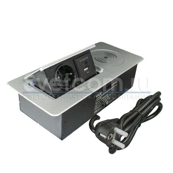 Горизонтальная, 1хEURO+2хUSB A+C+Qi, полуавтомат, серый, 265х118х68мм, металл/пластик, GLS