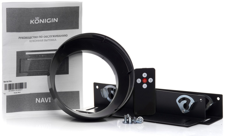 Вытяжка полновстраиваемая Navi Glass, 90см, б/угольного фильтра, черный/черное стекло, ПДУ, Konigin