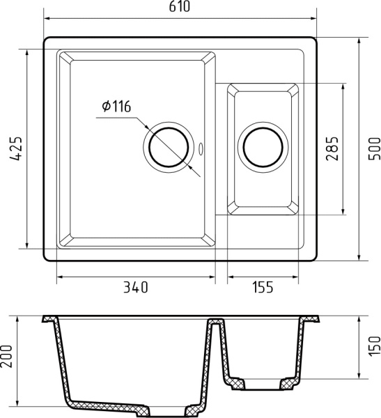 Мойка GranFest QUADRO 610K, 610х500 мм, кашемир