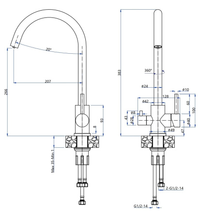 Смеситель GranFest Quarz 5420, с краном питьевой воды, нерж. сталь