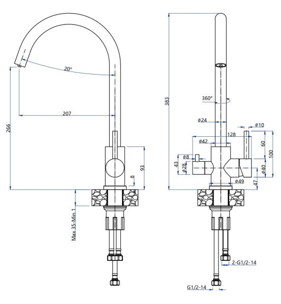 Смеситель GranFest Quarz 5420, с краном питьевой воды, нерж. сталь