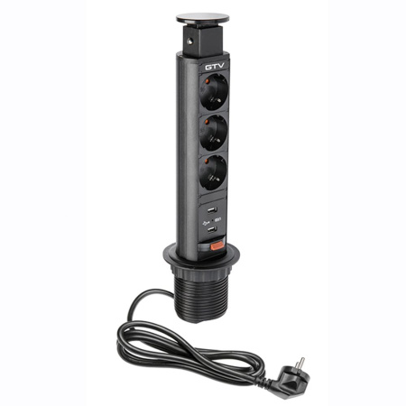 Вертикальная, 3хEURO+2USB, Ø 60мм, ручное, пластик, черный, усовое заземл., шнур 1,5м, GTV