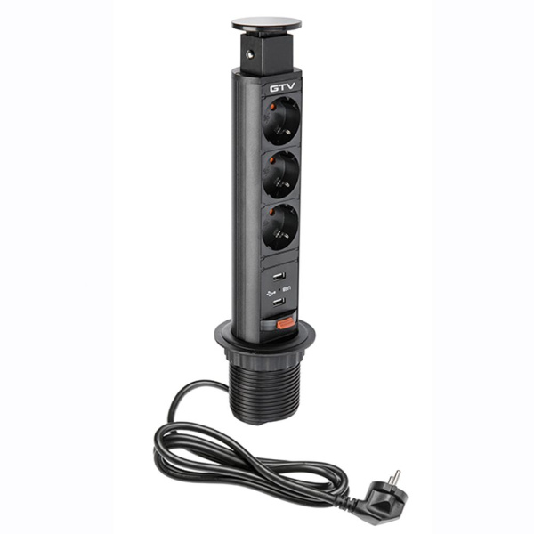 Вертикальная, 3хEURO+2USB, Ø 60мм, ручное, пластик, черный, усовое заземл., шнур 1,5м, GTV