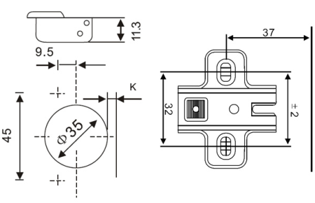 GTV Петля -30*, с планкой 4,5мм, без доводчика, БЕЗ еврошурупа, 45мм