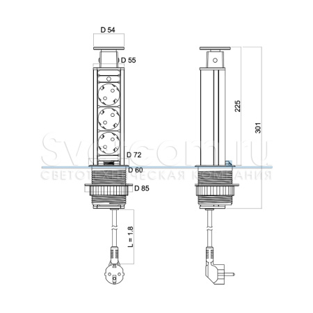 Вертикальная, 3хEURO, Ø 60мм, ручное, пластик, серый, усовое заземл., шнур 1,8м, GLS