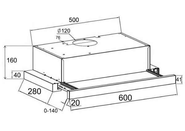 Вытяжка встраиваемая телескопическая HUBBLE 600 BLACK, 60см, б/угольного фильтра, черный, Lex