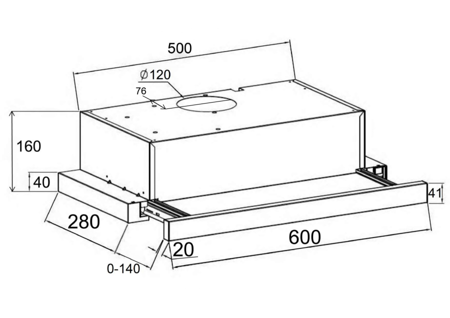 Вытяжка встраиваемая телескопическая HUBBLE 600 BLACK, 60см, б/угольного фильтра, черный, Lex