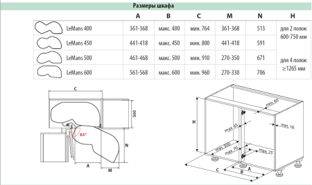 Механизм Леманс 450мм в угловой шкаф, 2 полки, H 600-750мм, левый, антрацит, Kessebohmer
