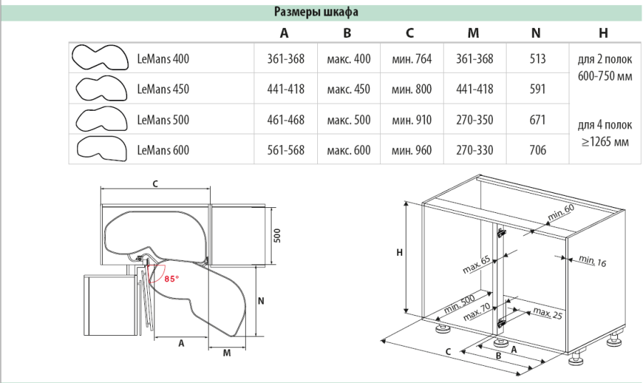 Механизм Леманс 450мм в угловой шкаф, 2 полки, H 600-750мм, левый, антрацит, Kessebohmer