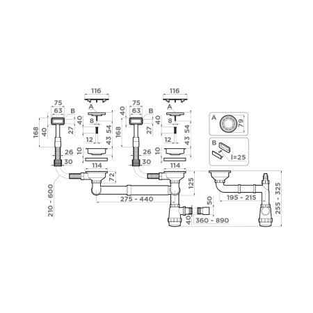 Арматура для двухчашевых моек WK-2C-GB, прямоуг. перелив, графит