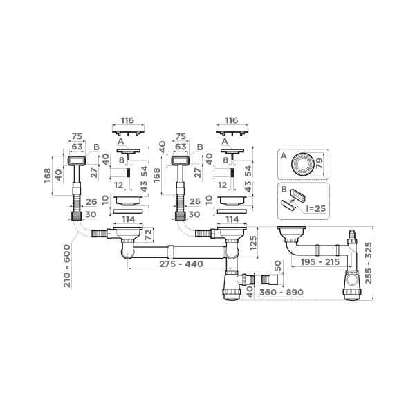 Арматура для двухчашевых моек WK-2C-GB, прямоуг. перелив, графит