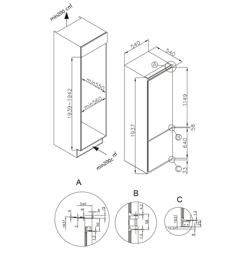 Холодильник встраиваемый двухкамерный LBI193.1D, Lex