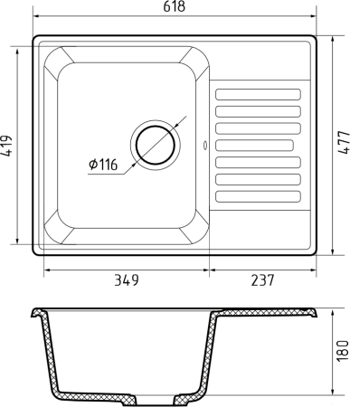 Мойка GranFest QUARZ 13, 617х480 мм, темно-серый (прямоугольная, без сифона)