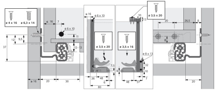 Направляющая Quadro V6 25 Push to open, 25 кг, NL350, полн выдвиж, надвиж монтажа, EB20, левая