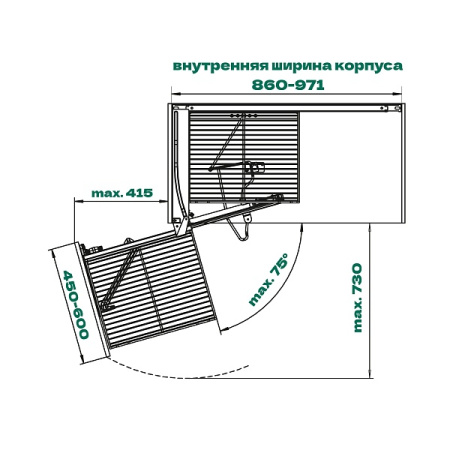 Волшебный уголок Комплект 450-600мм, H 525, в угловой шкаф, 4 полки, левый, антрацит, Kessebohmer