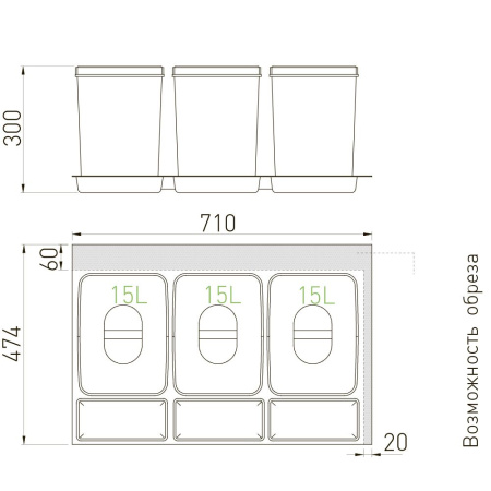 Система контейнеров для мусора, 3х15л+3 емкости, в шкаф на 800мм, пластик, антрацит