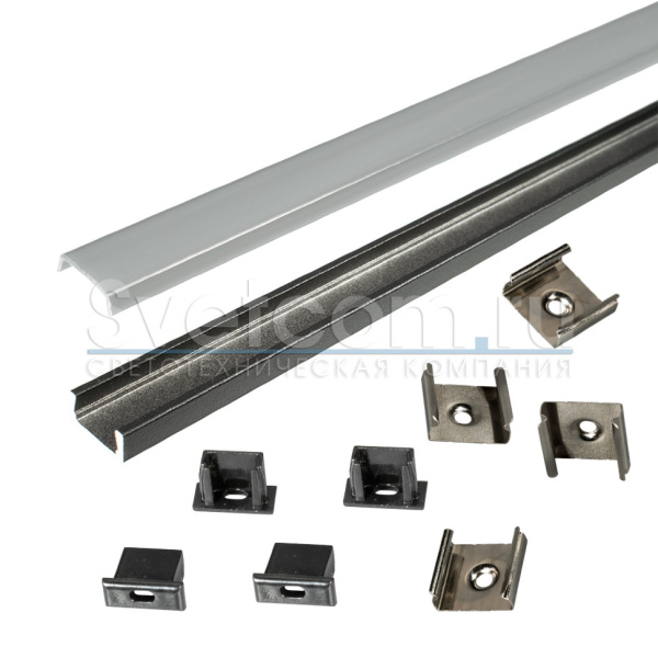 Профиль накладной 16х6х2000мм, лента ≤10мм, черный (диффузор полуматовый, 4 загл.+4 клипсы), 1506Е