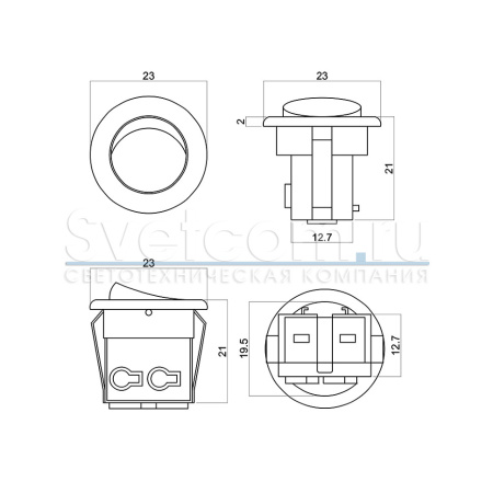 Выключатель врезной, Ø23мм, 250В/6А, пружинные терминалы, черный