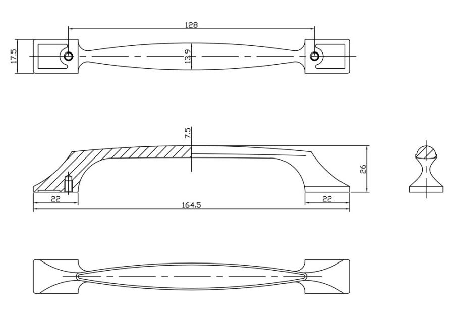 Ручка-скоба, 822, 128мм, металл, античная бронза