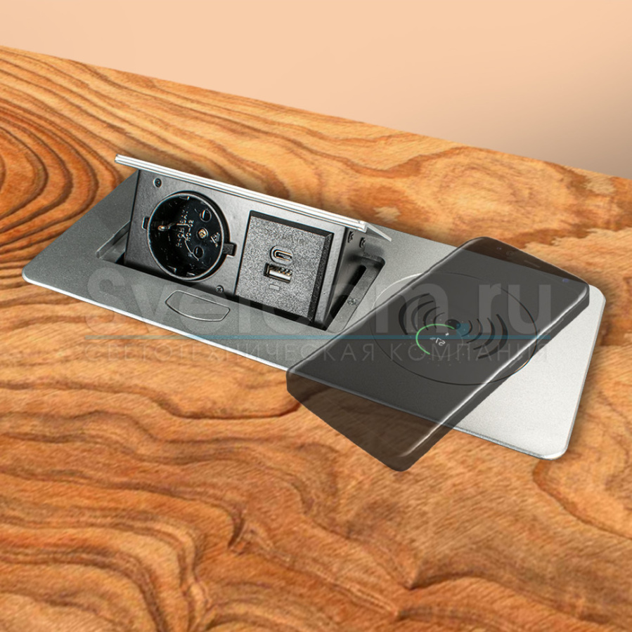 Горизонтальная, 1хEURO+2хUSB A+C+Qi, полуавтомат, черный, 265х118х68мм, металл/пластик, GLS