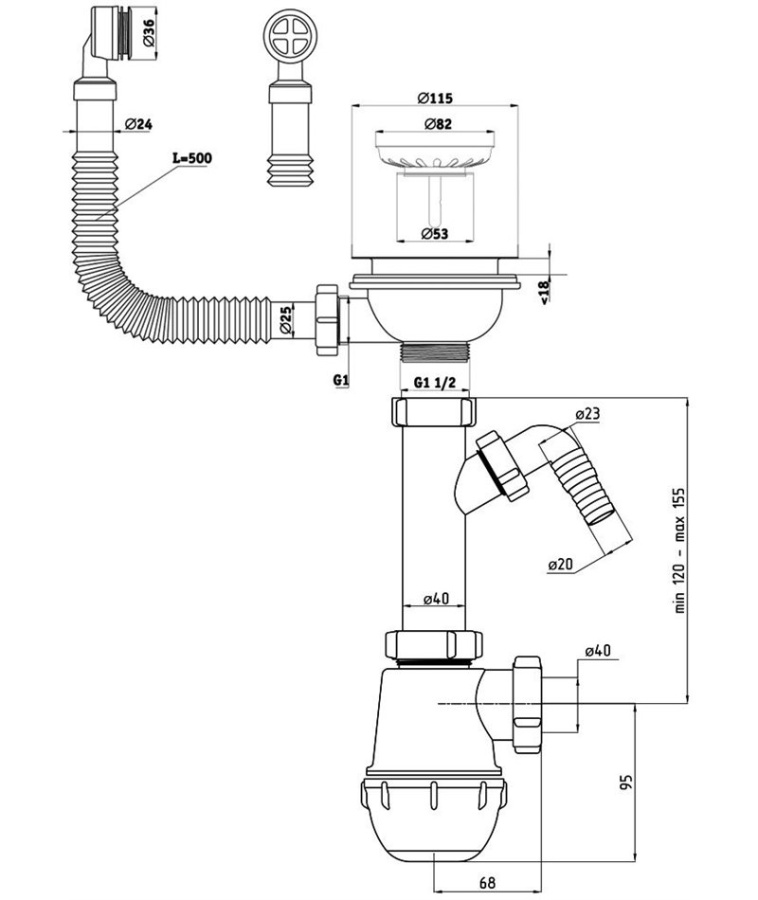 Сифон одинарный Ани Грот 3 1/2" с переливом и отводом Анипласт
