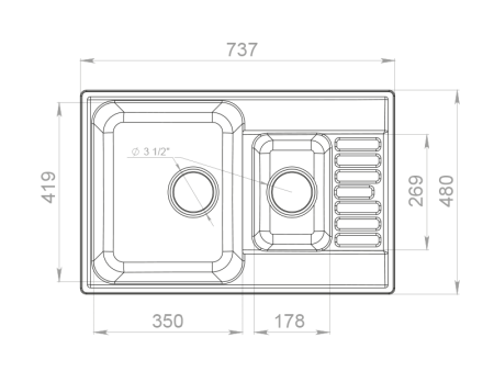 Мойка GranFest QUARZ 21К, 737х480 мм, черный (прямоугольная, 1,5 чаши, без сифона)