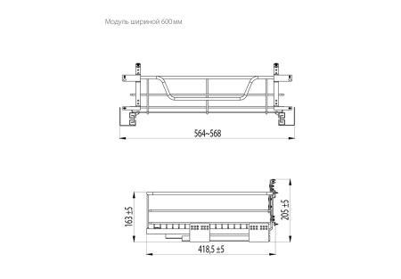 Корзина выкатная 600мм, 564-568х418,5х205мм, с доводчиком, хром, JET
