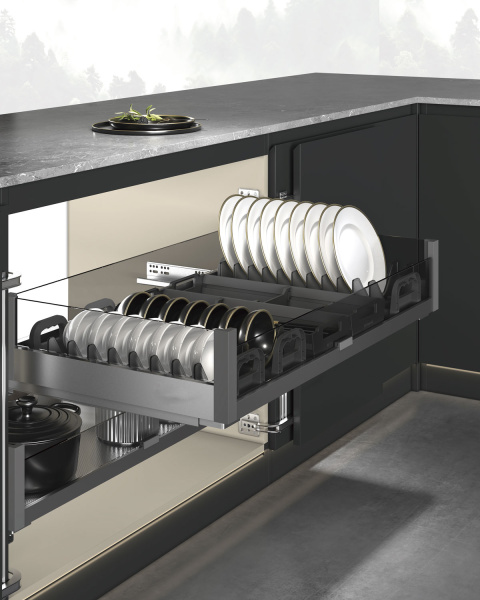 Корзина выкатная 600мм, 564x472x169мм, полн. выдв., с доводчиком, под распаш. фасад, антрацит, JET